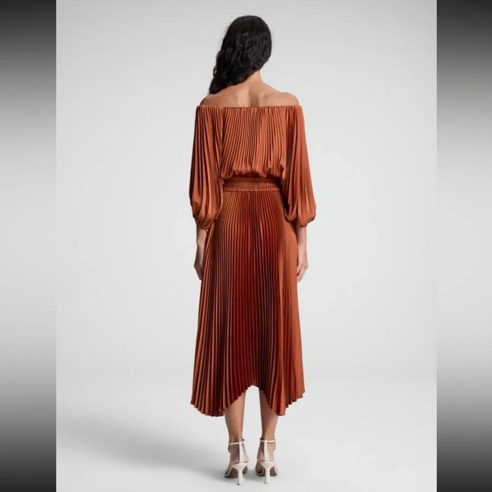 A.L.C. Sienna Satin Pleated‎ Off Shoulder Midi Dress, Red Rock, Size 8, NWOT